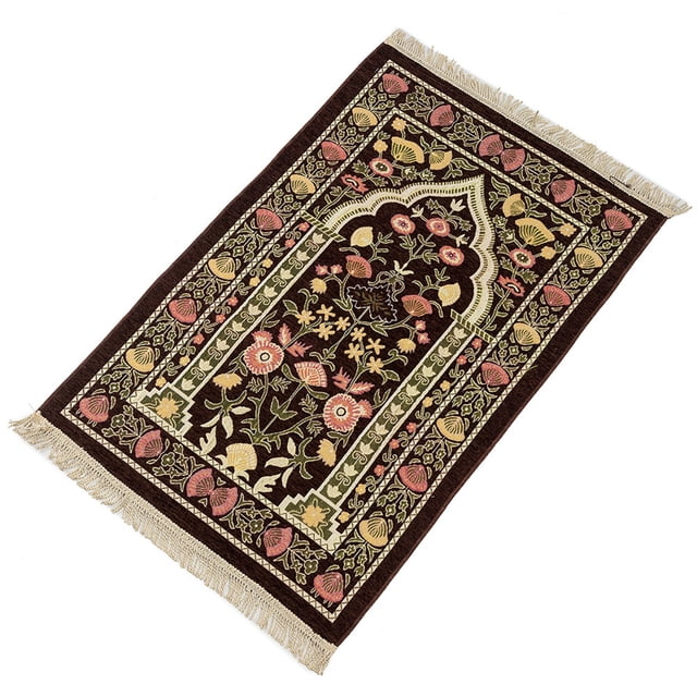 Rectangle Prayer Rug Portable Lightweight Thickened Muslim Mat With Tassel For Eid Travel Ramadan. The rug features a classic rectangular design with intricate floral and geometric patterns in warm tones on a dark coffee background. Made of polyester fiber, it measures 70 x 110 cm (27.5 x 43.3 inches) and includes tassels on the shorter edges. Lightweight and easy to carry, it is suitable for travel and daily use. Ideal for living rooms, bedrooms, or as a thoughtful Eid or Ramadan gift.