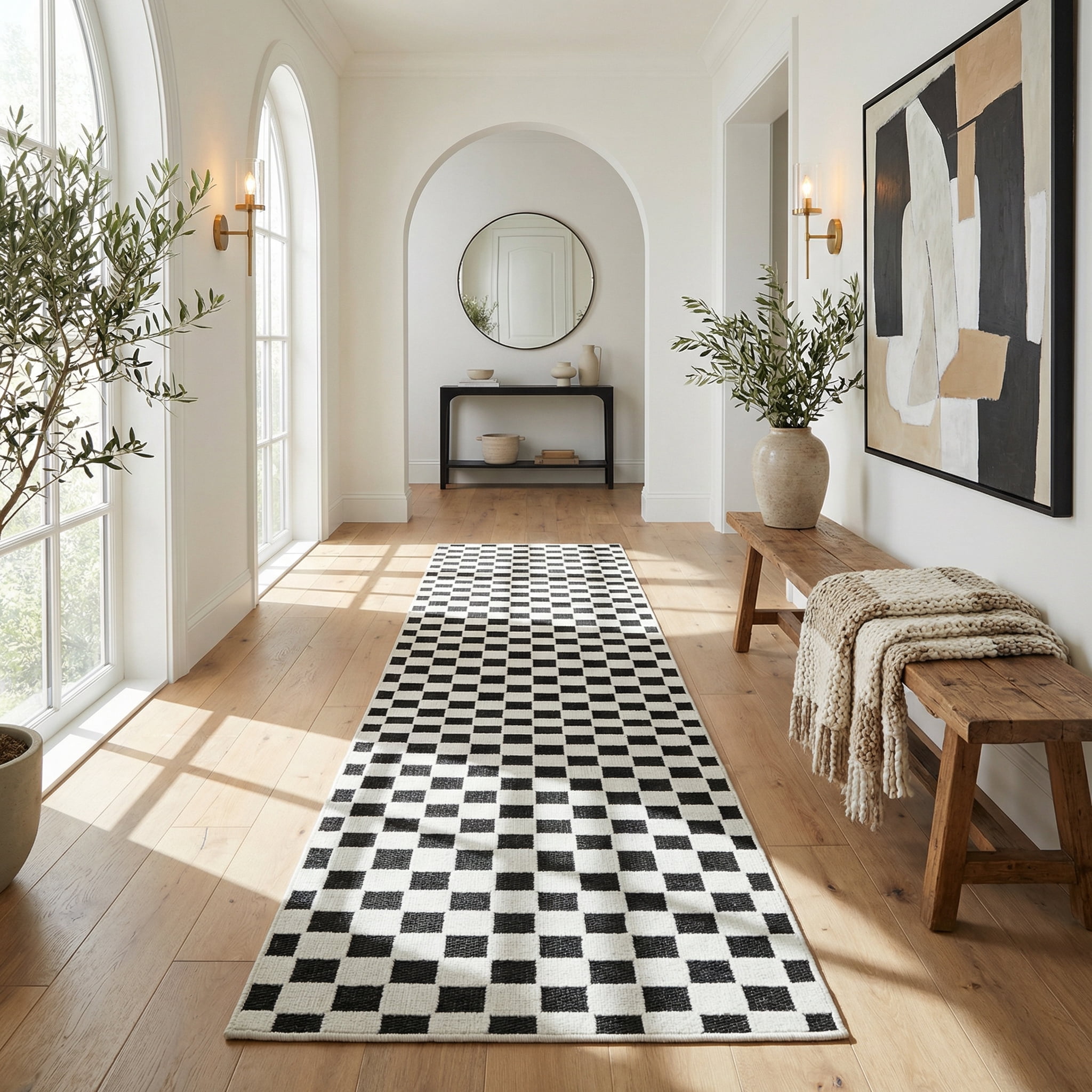 Rug Branch Maise Checkered Indoor Outdoor Area Rug, Black White, Modern - Entryway, Hallway, Bathroom, and Kitchen