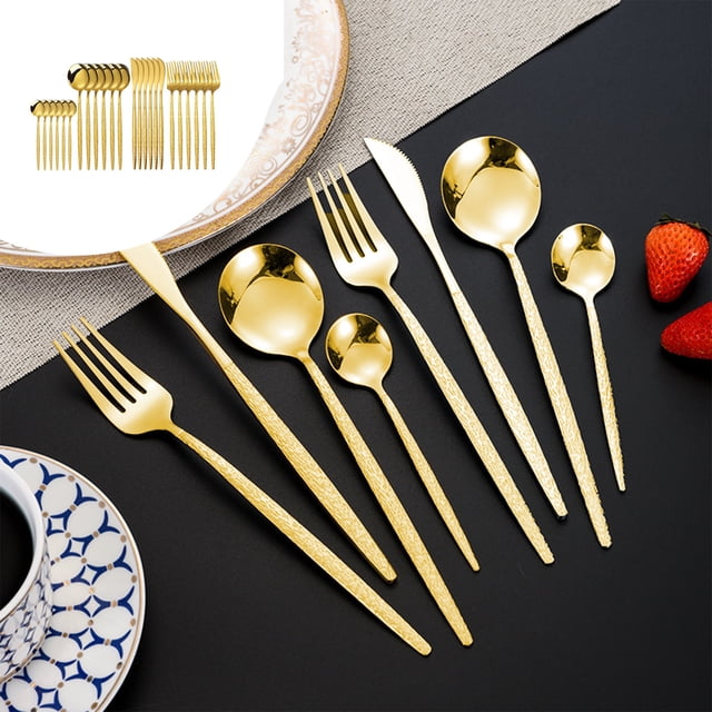 Stainless Steel Cutlery Set, Hammered Handle Flatware, 24-Piece Kitchen Dining Utensils, Ergonomic Grip, Dishwasher reliable, Rust Resistant