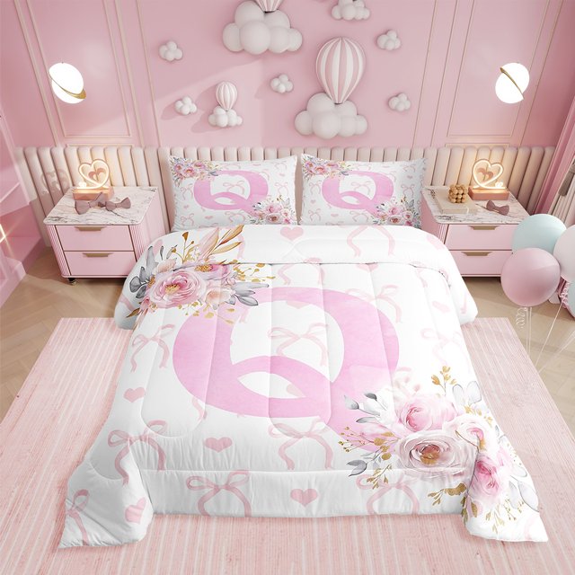 Erosebridal Ensembles de Literie Lettre Initiale Q Florale Simple avec Couette, Insert de Couette Monogrammé, Déco d'Anniversaire, Réversible