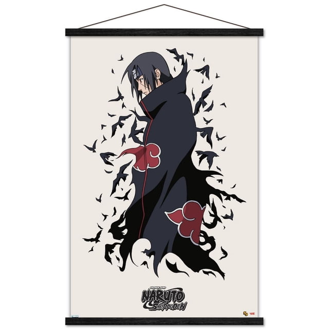 Naruto Shippuden - Affiche Murale d'Itachi Représentant Itachi Uchiha dans un Akatsuki Noir avec des motifs de Nuages Rouges, Entouré de Corbeau Noirs sur un Fond Clair, Imprimée sur Papier Lustré Certifié FSC et Encadrée avec des rails Magnétiques en Bois Noirs pour une Suspension Facile.