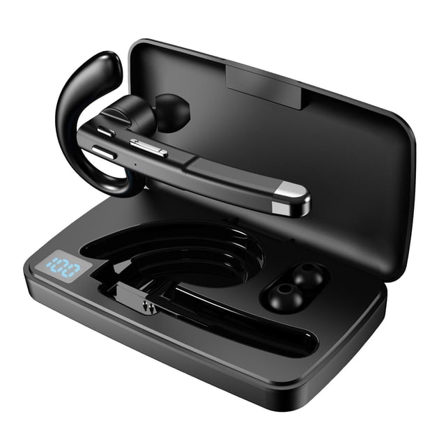 lionlar Bluetooth 5.1 Earpiece Workout IPX7 Waterproof Rotatable Cell Phones Driving Ear with Charging Case. The image shows a black Bluetooth earpiece with a rotatable earhook, placed in a charging case with a digital display. The earpiece includes buttons for call and music control, a built-in microphone, and CVC8.0 noise reduction. Lightweight and waterproof, it is designed for comfort and extended use, making it ideal for drivers, business professionals, and fitness activities.
