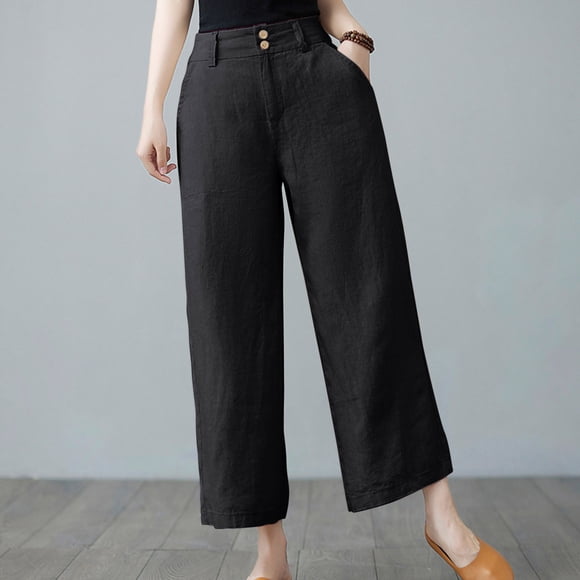 HOWPAY Womens Linen Pants Solid Color Casual Loose Fit Wide Leg High Waist Elastic Palazzo Trousers with Pockets Summer Beach Lounge Pant Black M
