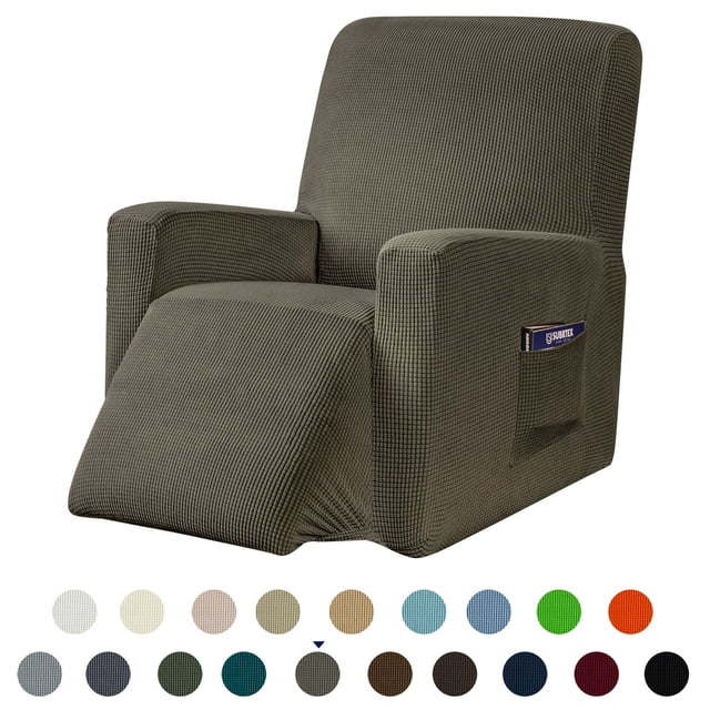 Subrtex Housse Extensible pour Fauteuil Inclinable 1 Pce avec Motif à Grille Texturé en Vert olive. Conçue pour Protéger les Fauteuils Inclinables contre les Déversements et l'Usure, Elle Présente une Poche Latérale pour le Rangement et des Coins Élastiqués pour un Ajustement Sécuritaire. Fabriquée à Partir de 85 % polyester et 15 % Élasthanne, Elle Est Douce, durable, Respirante et Lavable à la machine. Plusieurs options de Couleur Sont Affichées sous la Chaise, Convenant à Divers styles de Décoration Intérieure.