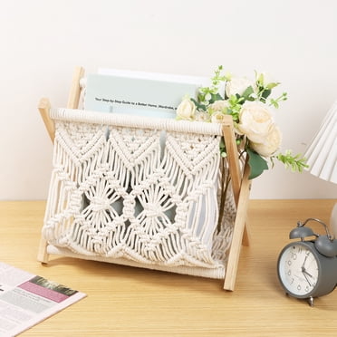 NUAHRHY Support de Magazines en Macramé Panier Polyvalent sur Pied Panier de Rangement Ferme pour Magazines Organisateur de Magazines Élégant Bohème Porte-Dossiers de Magazines Gain de Place pour Salon