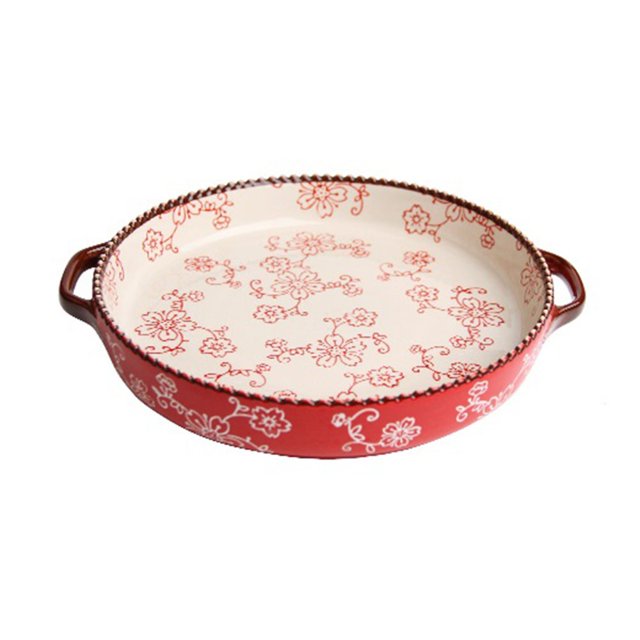 Double-Handled Round Baking Pan Hand-Painted Cherry Blossoms Beaded Edge for Baking Desserts Pizza