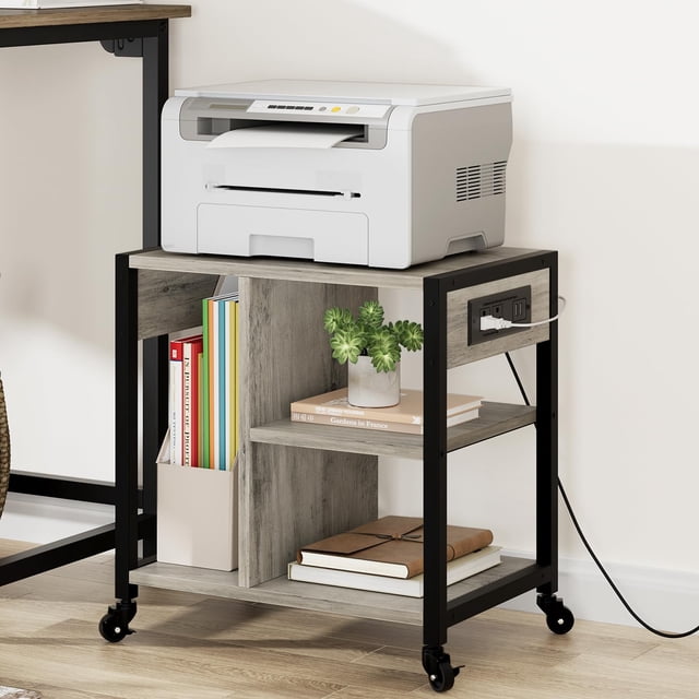 BeesClover Printer Stand with USB Charging Ports and Power Outlets, 3-Tier Mobile Printer Table with Storage, Rolling Printer Cart for Home, Office