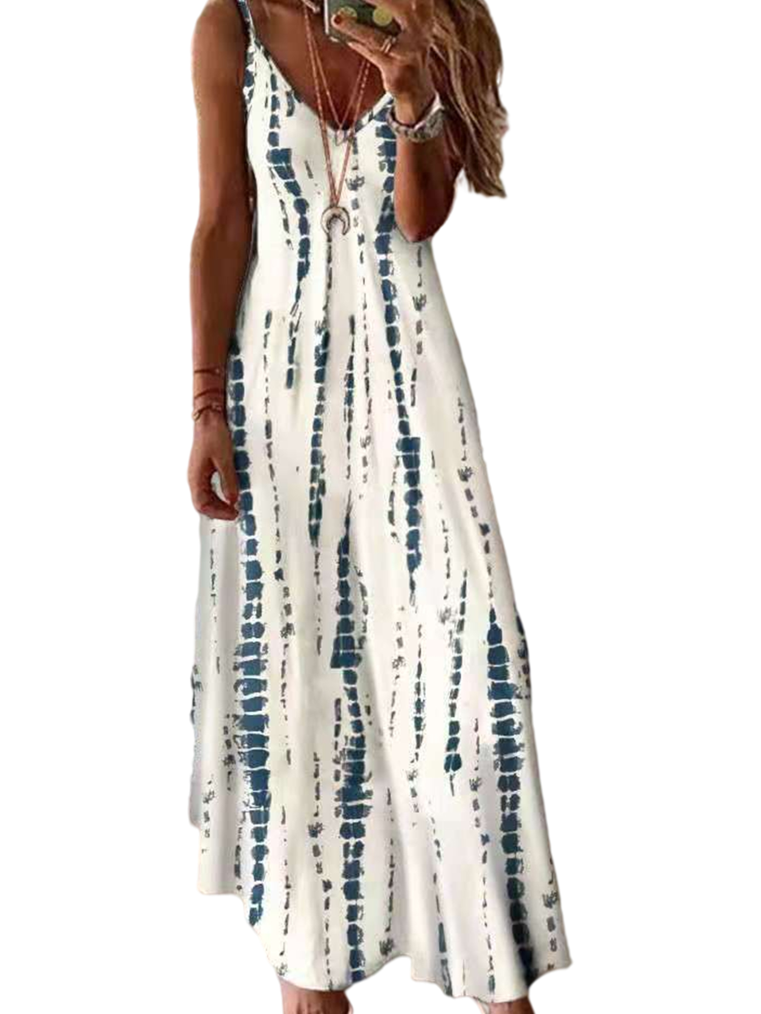 LUXUR Robe Longue Maxi pour Femmes à Col en V, d'Été, de Plage, Sans Manches, Combinaison, Style Bohème, Teinture sur Nœuds, Blanche, m