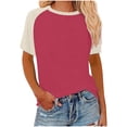 thumbnail image 1 of Swstbby Liquidation d'Économies d'Été 2025! pour Hauts pour Femmes Grande Taille, Chemises d'Été pour Femmes, Haut Mode à Manches Courtes Imprimé Contrastant à Col Rond pour Femme Vin G, 1 of 5
