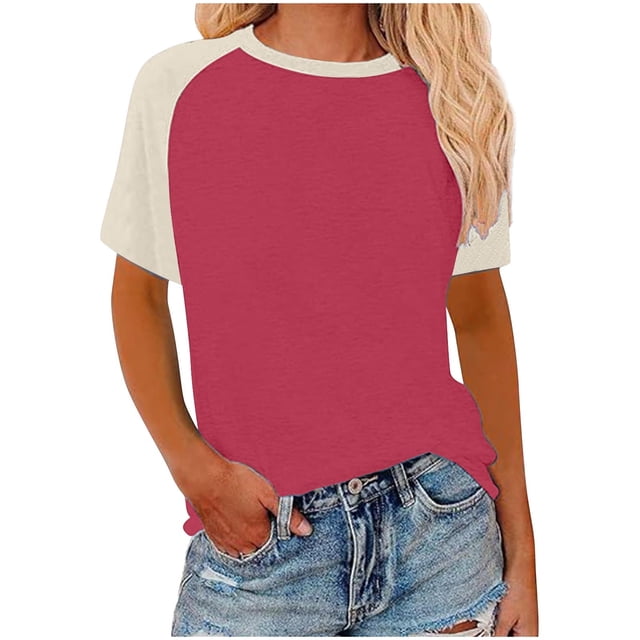 Swstbby Liquidation d'Économies d'Été 2025! pour Hauts pour Femmes Grande Taille, Chemises d'Été pour Femmes, Haut Mode à Manches Courtes Imprimé Contrastant à Col Rond pour Femme Vin G