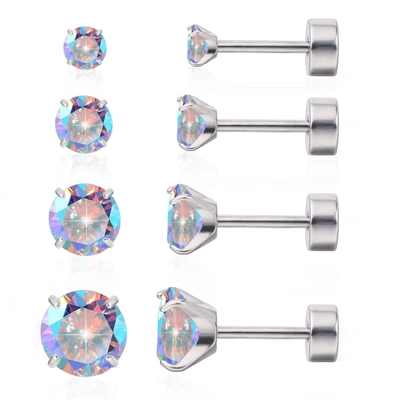 Limerencia F136 Titanium Earrings 4 Pairs Set, Hypoallergenic Flat Bottom Spiral Earrings with Aurora Borealis Zirconia for Women and Men