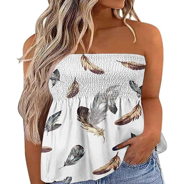 Women‘s Strapless Tank Tops Sleeveless Pleated Gradient Color Ladies Summer Boho Print Loose Fit Pullover