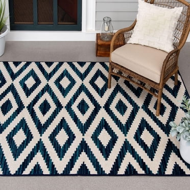 Tapis d'intérieur/extérieur tissé Tropicana crème et bleu saphir 5x7, recommandé pour patio, vestibule, véranda, salle à manger