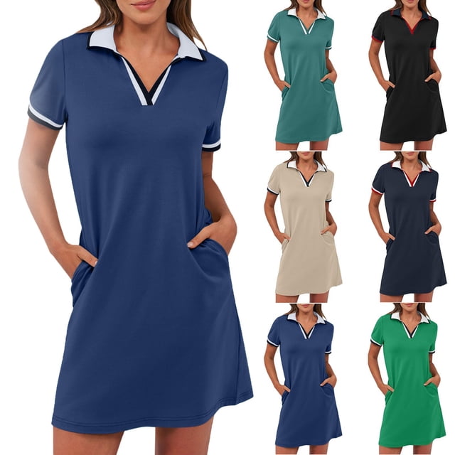 Meichang Robe Chemise Courte d'Été pour Femmes à Col à Revers en V, Manches Courtes, Tennis Golf, avec Poches