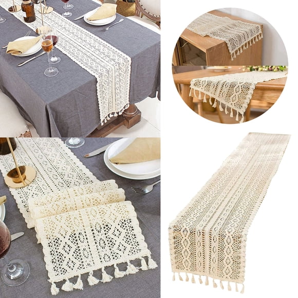 Macrame Woven Lace Boho Table Runner With Decorative Tassels For Bohemian Wedding Bridal Shower And Farmhouse Home