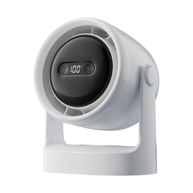 Boovnll Desk Fan, a compact and adjustable high-speed USB rechargeable table fan in white, featuring a digital display and 3-speed settings. This quiet and portable fan includes a night light function and is suitable for home, bedroom, office, travel, kitchen, camping, and RV use. The fan is designed with a sturdy base and a sleek, modern aesthetic.