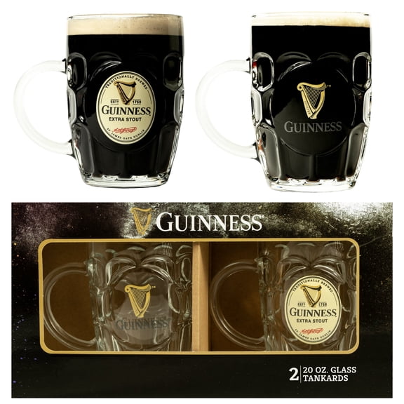 Guinness Glasses 20oz Beer Glasses Two Pack Pint Tankard Compatible with Guinness Harp Logo