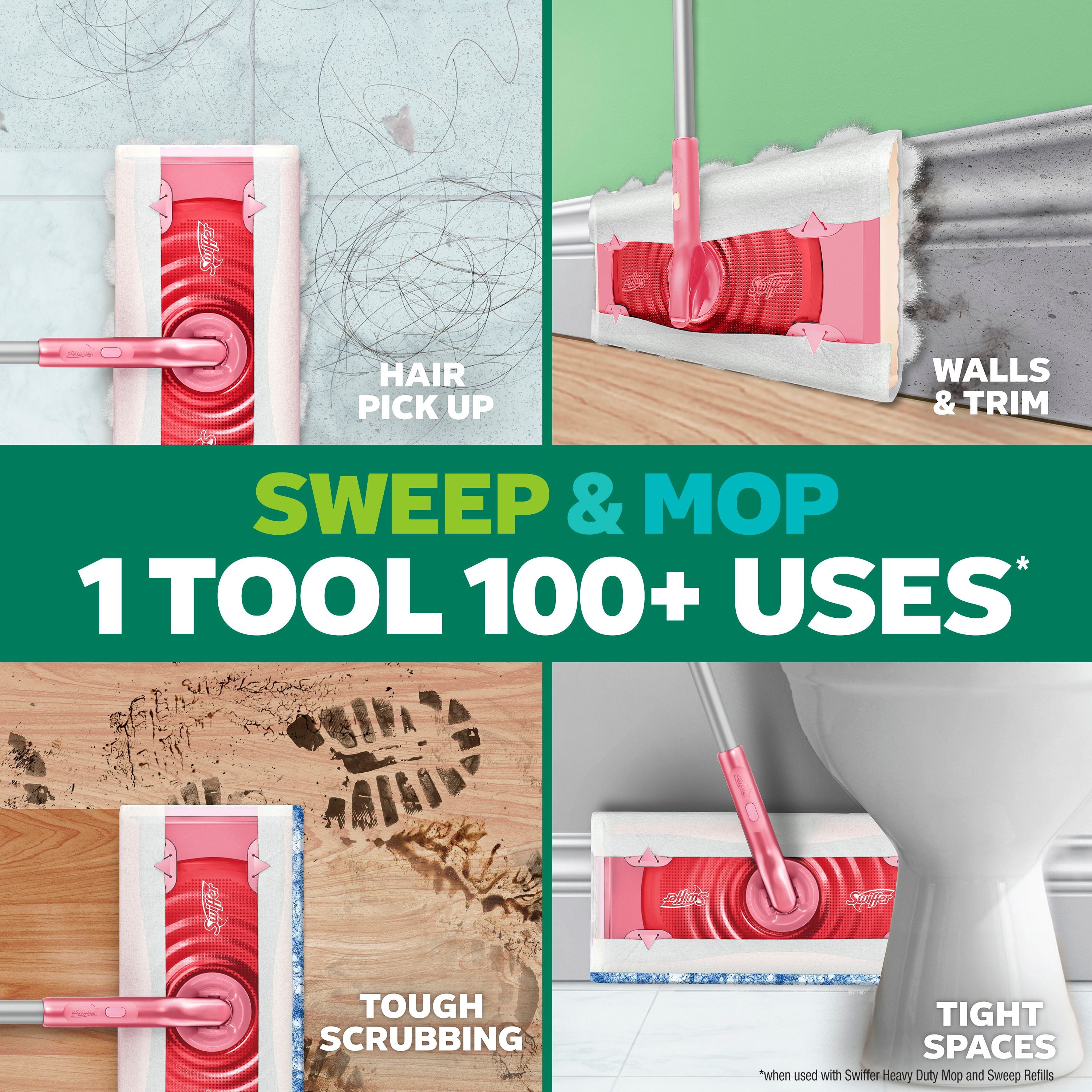 Swiffer Balayer et laver Pro, MÉCHANT SÉRIE Rose LIMITÉE, trousse pour balayage et de lavage 2 en 1 pour les planchers, trousse de nettoyage multi-surfaces, la trousse comprend 1 balai, 5 linges secs