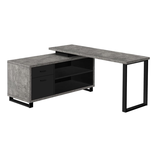 Monarch Specialties Computer Desk, Home Office, Corner, Storage Drawers, 72"l, L Shape, Work, Laptop, Metal, Laminate, Grey, Black, Contemporary, Modern L-shaped computer desk with grey concrete-look laminate surfaces and black metal frame. Features two black storage drawers and two open shelves beneath a two-tiered work surface, ideal for organizing office essentials and suitable as a spacious home office workstation.