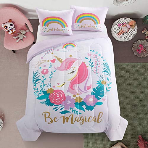 Heritage Kids Kids and Toddler Ultra-Soft Magical Unicorn and Rainbow Easy-Wash Microfiber Comforter Bed Set, Full, White