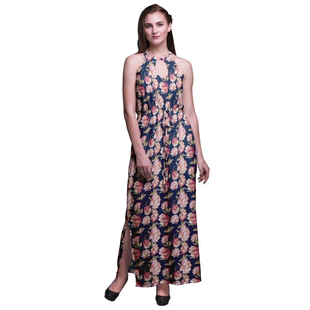 Bimba Robe Maxi à Fleurs pour Femmes Sans Manches à Col Ras du Cou, Dos Nu, avec Fentes Latérales - X-Grand