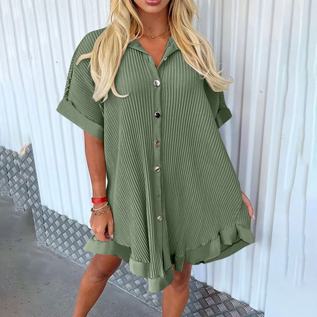 Liquidation Aujourd'hui Iumwxz Robe à Col à Revers à Manches Courtes pour Femme, Boutonnée, Côtelée, Ample, Mini Robe, Robes Unies, Robe d'Invitée de Mariage, Robe Ample et Fluide pour les Vacances