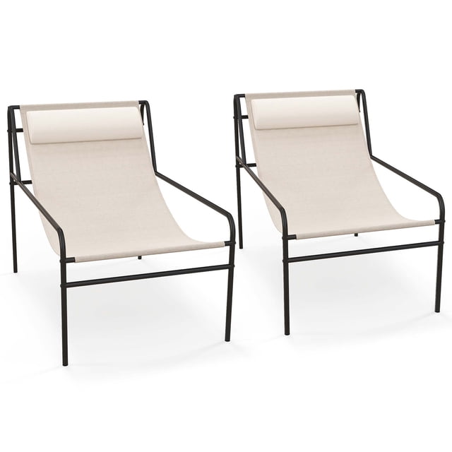 Costway 2PCS Patio Sling Lounge Chair with Removable Headrest Pillow Breathable Seat Porch