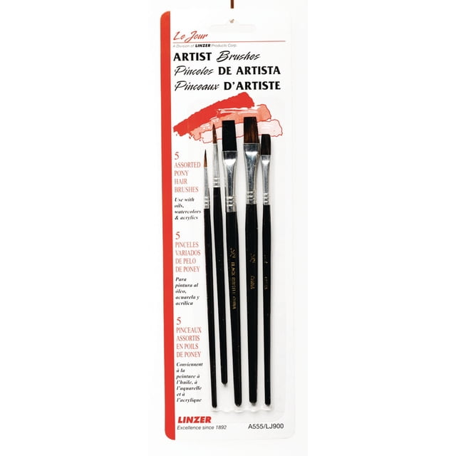 Project Select Artist Brushes 5 pack with assorted pony hair bristles and black handles with silver ferrules, suitable for oils, watercolors, and acrylic paints, displayed in original packaging with multilingual labeling.