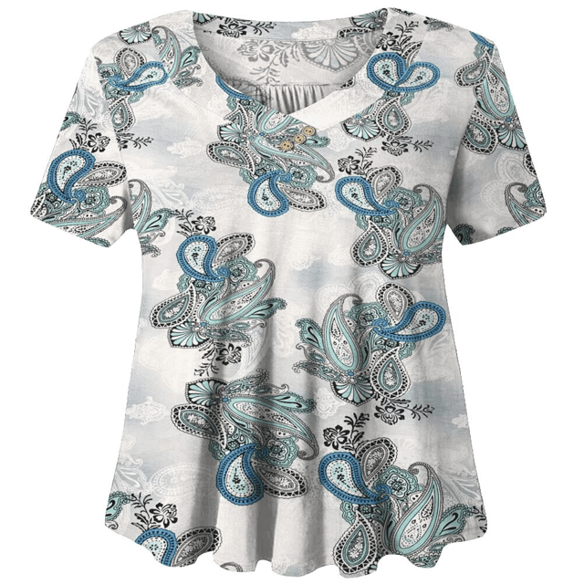 Woman Plus Size Short Sleeve Floral Blouses Henley T-Shirts V Neck Button Tunic Tops M-4xl