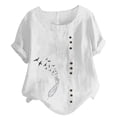 thumbnail image 1 of Birdeem Womens Short Sleeved Casual Plus Size Round Neck Feather Printed Loose Button Cotton Linen Top, 1 of 1