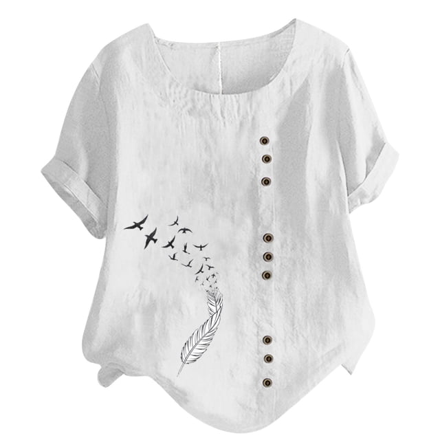 Birdeem Womens Short Sleeved Casual Plus Size Round Neck Feather Printed Loose Button Cotton Linen Top