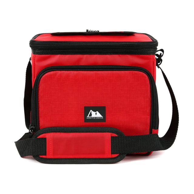 Arctic Zone Boîte à Lunch Jumbo HardBody® en Rouge avec Garniture Noire, avec une Poche avant Zippée et une Bandoulière Rembourrée Ajustable, un Couvercle Supérieur Facile d'Accès, une Isolation Thermique Haute Densité et une Doublure HardBody® Étanche pour Garder les Aliments Froids pendant des Heures, Convient Aussi pour Transporter de Petits Appareils Électroniques en Toute Sécurité.