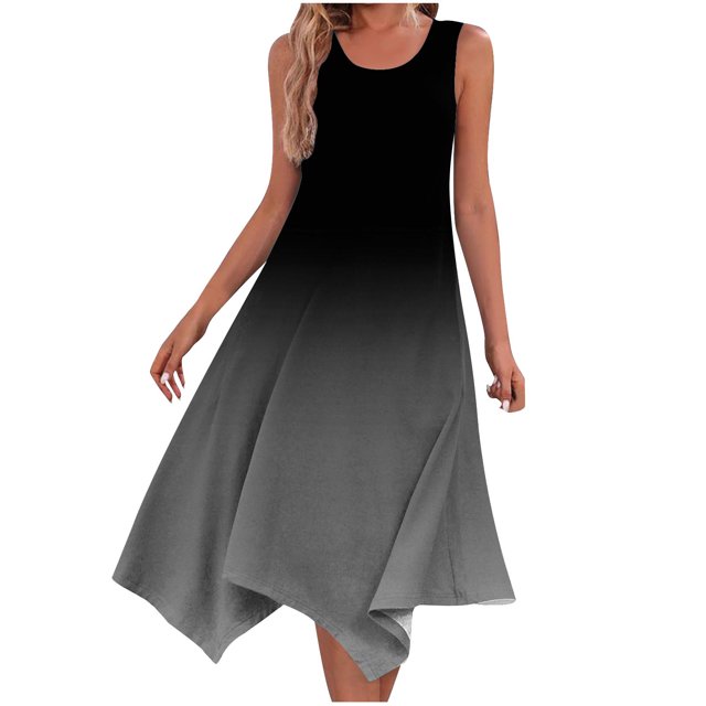 Yuyuzo Robe pour Femmes Sans Manches Décontractée Robe Débardeur Col Rond Robes de Plage Ourlet Irrégulier Robes Midi Fluides