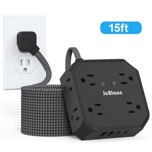 15 FT Long Extension Braidede Cord Surge Protector Power Strip with 8 Widely AC Outlet 4 USB, Flat Plug Wall Mount Overload Protection Power Cord, 1050J, Desk Charging Station for Indoor Home Office