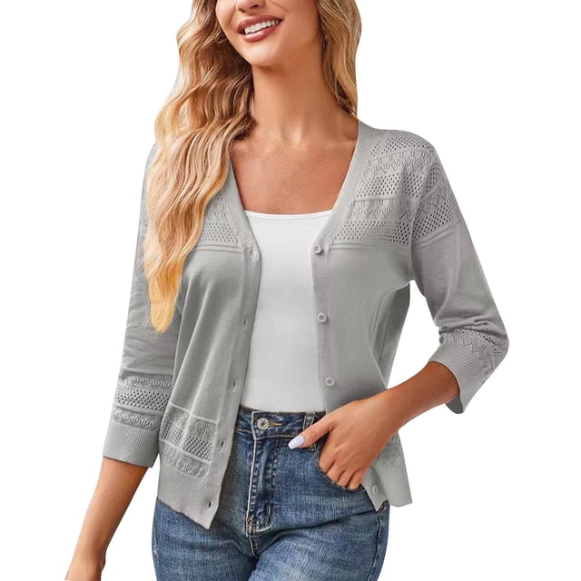 RXIRUCGD Women's Long Sleeved V-neck Solid Color Knitted Cardigan Sweater Jacket, Gray, Size: M
