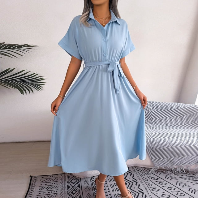 Mefallenssiah Robe Chemise Décontractée pour Femme à Col en V, Couleur Unie, Ample, à Nouer