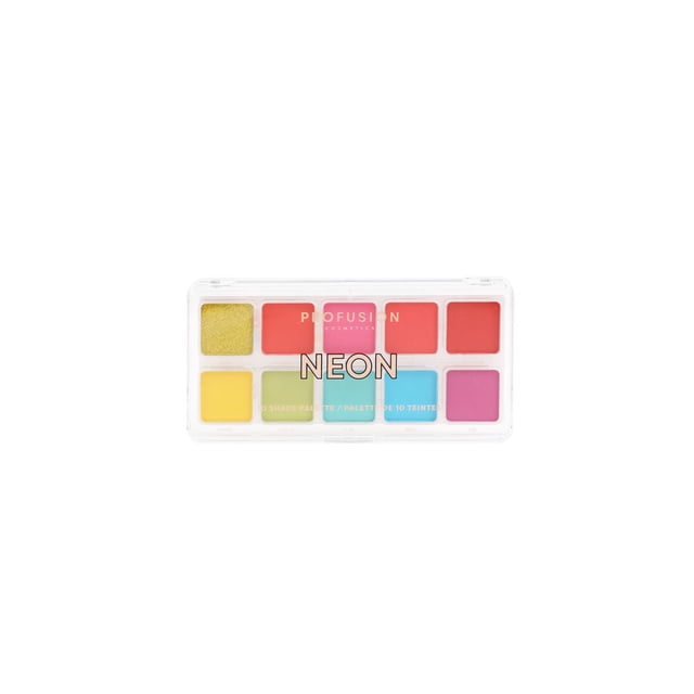 PROFUSION COSMETICS 10 Shade Palette with neon eyeshadow colors in a clear rectangular case, featuring ten richly pigmented, blendable shades including yellow, green, blue, pink, and red for vibrant, crease-free eye looks suitable for all skin tones.