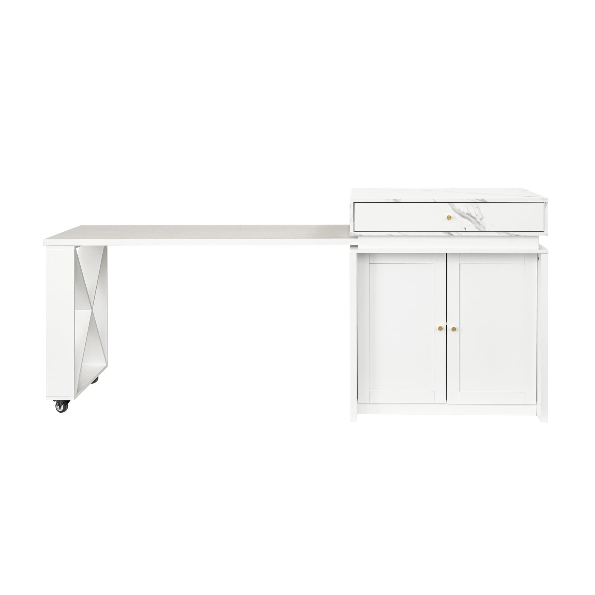 Table haute de comptoir Noble House, îlot de cuisine extensible en imitation marbre, blanc