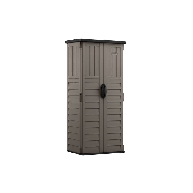 Suncast Remise de Rangement Verticale en Résine à Murs Multiples Couleur Pierre avec un design Haut et Étroit Comprenant des Portes Doubles avec une Poignée en Résine Noire, des Panneaux Texturés et un Toit et une base Noirs, Offrant une Capacité de 22 Pi3 pour Ranger des Outils, du Matériel de Jardin et des Échelles sur patios Ou Balcons, Convient Aussi à l'Organisation d'Équipements Sportifs Extérieurs.