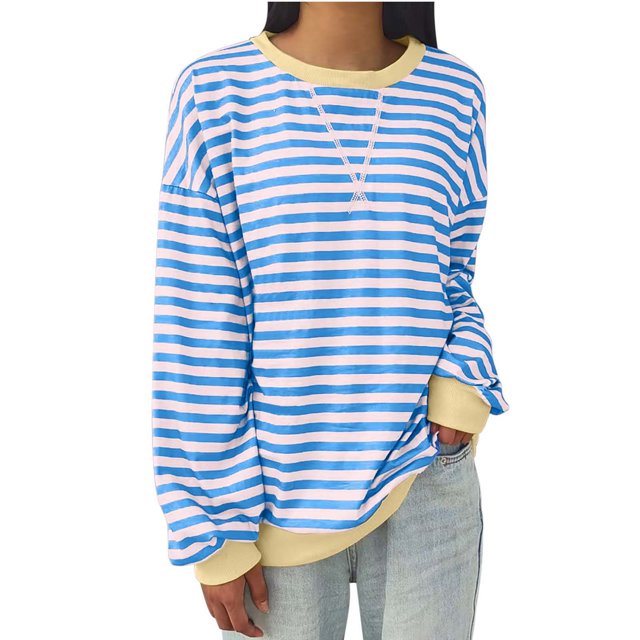 Styesk Chandails à Manches Longues pour Femmes Grande Taille Tendance Chemise Rayée Ample Col Rond Chandail Tunique Hauts Décontractés Molleton Épais Doux Chandail
