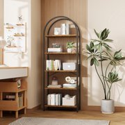 5 Tier Bookshelf, Arched Metal Frame Bookcase with Wood Shelf, Tall Standing Storage Rack