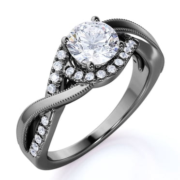 JeenMata Bague de Fiançailles Infini Taille Ronde 1 Carat - Anneau Torsadé Pavé Milgrain - Or Noir 18K Plaqué sur Argent