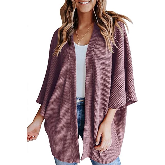LinYooLi Kimono pour Femmes Ouvert devant Cardigan en Maille Gaufrée Pull Uni Manches Chauve-Souris Col Châle Cape Douce et Décontractée