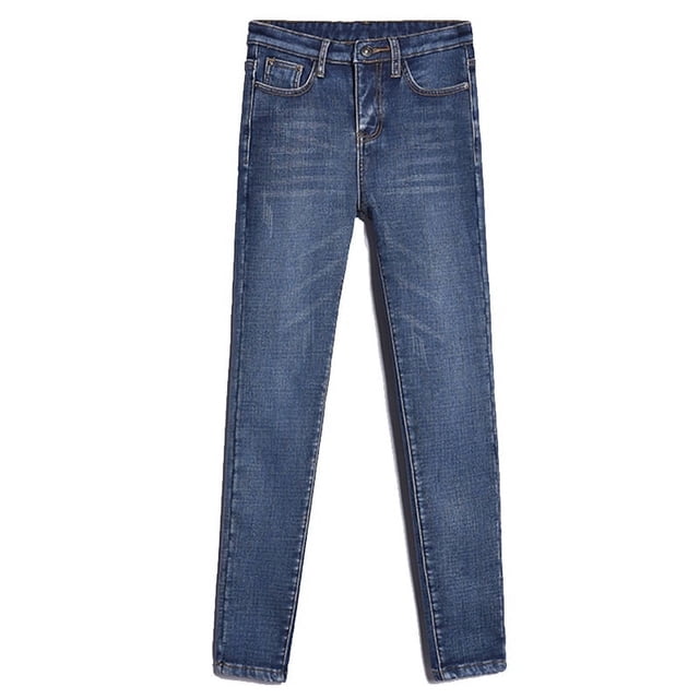 Women Solid Color Jeans Winter Adults High Waisted Fleece Lined Jeggings with Pockets