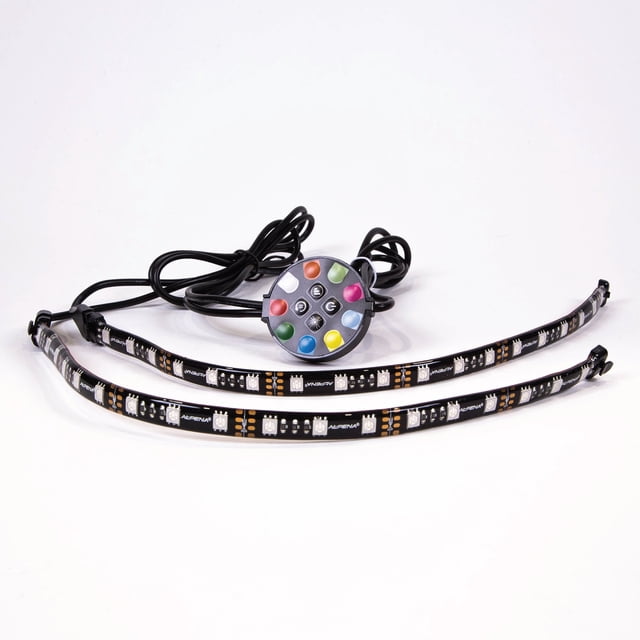 MultiGloz LED Interior & Exterior Light Strip Starter Kit by Alpena, featuring two 12-inch flexible RGB LED strips with PU coating and a 12V power adapter. Includes an inline controller with colour-changing presets, custom programming options, and a snap-together AlpenaLink system for easy installation. Designed for vehicles, suitable for both interior and exterior use.