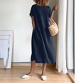 thumbnail image 4 of Birdeem Womens Summer Fashion Solid Color Round Neck Short Sleeve Cotton Linen Dress, 4 of 9