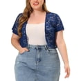 thumbnail image 1 of Agnes Orinda Boléros Grande Taille pour Femmes, Ouvert à l'Avant, Manches Courtes, Cardigan Court en Crochet et Dentelle 1X Bleu Marine, 1 of 7