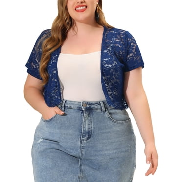 Agnes Orinda Plus Size Bolero Shrugs for Women School College Open Front Short Sleeve Crochet Lace Cropped Cardigans 1X Navy