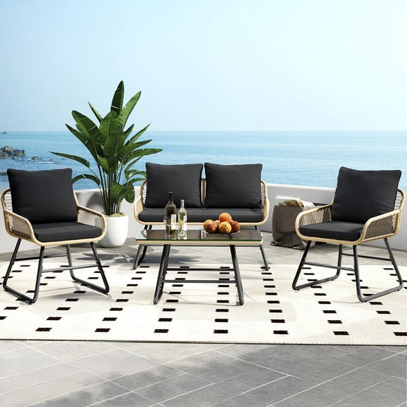 EDTara Ensemble Bistro d'Extérieur en Osier, Ensemble de Mobilier de Patio 4 Pcs avec Causeuse Rembourrée, 2 Chaises et Table Basse en Verre Trempé pour Véranda, Terrasse, Cour Arrière Ou Sièges de Jardin