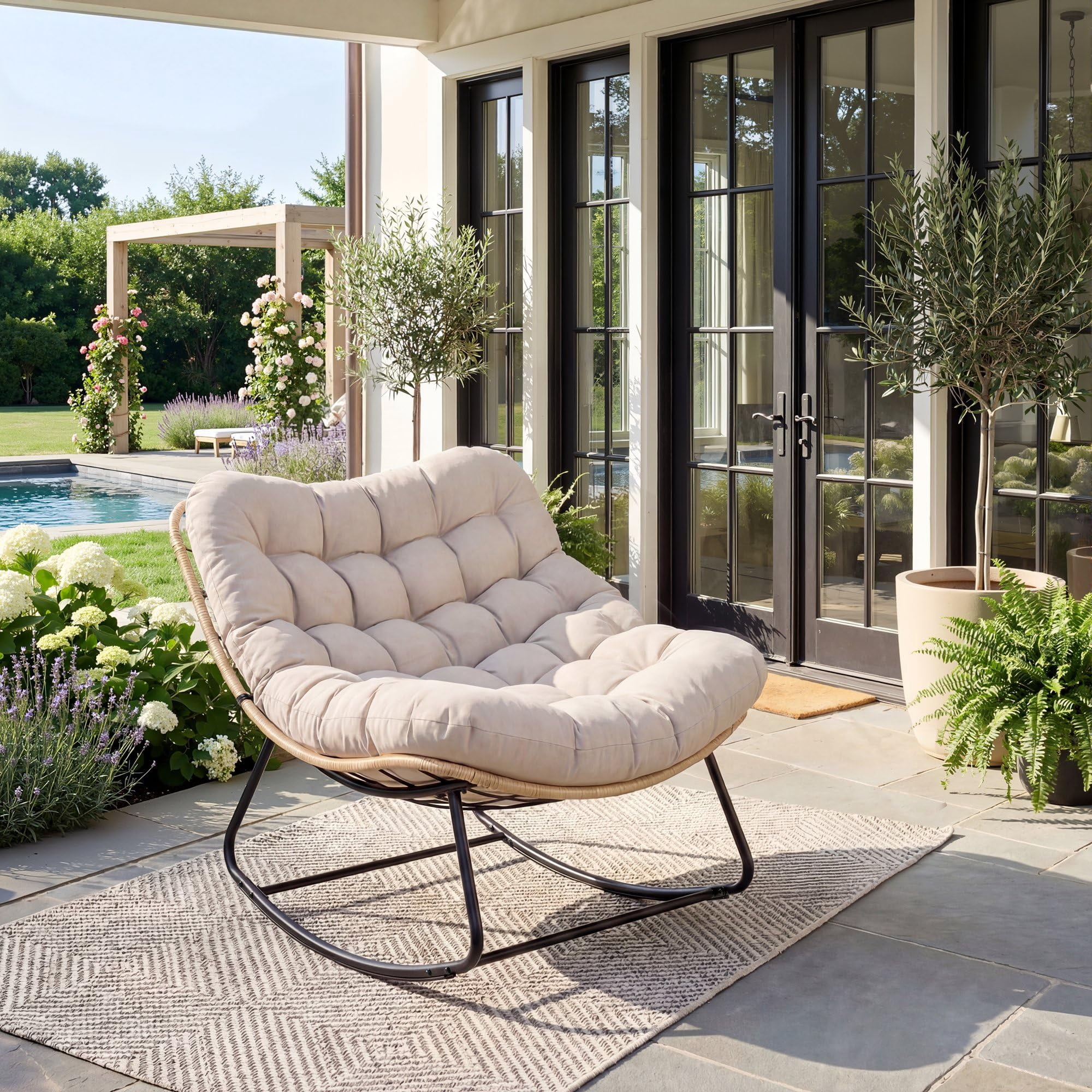 Indoor Outdoor Patio Rocking Glider Chair – 450 lbs Capacity – Weather-Resistant Rattan, UV-Proof Cushion & soft Toy Fleece Upholstery – Sturdy Rubber Wood & Reinforced Steel Frame